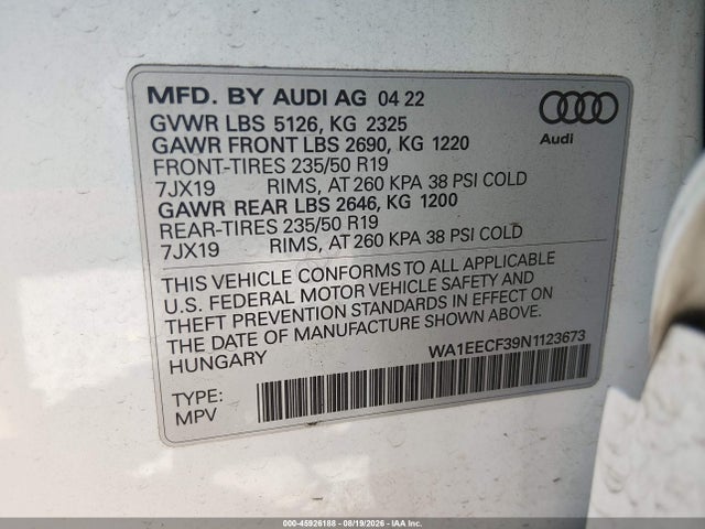2022 Audi Q3 Premium Plus 45 Tfsi S Line Quattro Tiptronic მანქანა იყიდება აუქციონზე, vin: WA1EECF39N1123673, აუქციონის ნომერი: 45926188