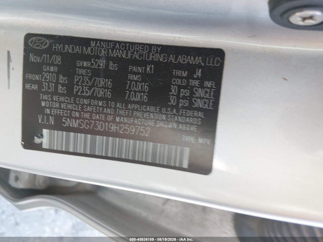 45926189 :رقم المزاد ، 5NMSG73D19H259752 vin ، 2009 Hyundai Santa Fe Gls مزاد بيع