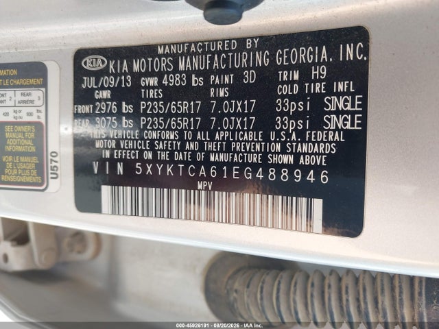45926191 :رقم المزاد ، 5XYKTCA61EG488946 vin ، 2014 Kia Sorento Lx مزاد بيع