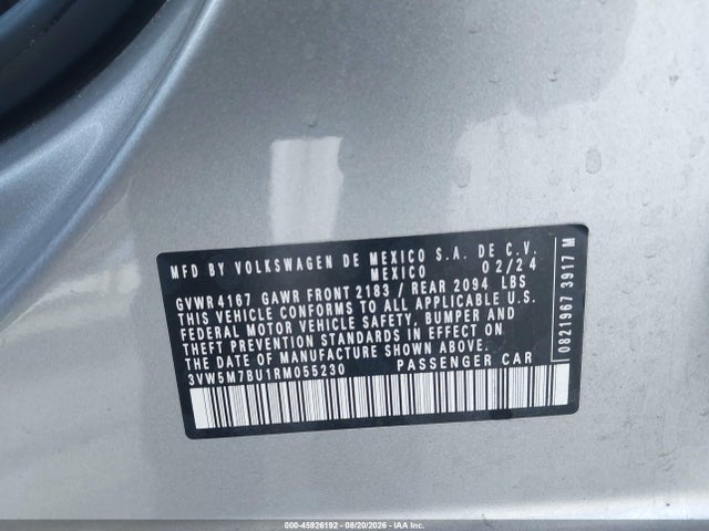 Aukcja sprzedaży 2024 Volkswagen Jetta 1.5t S, vin: 3VW5M7BU1RM055230, numer aukcji: 45926192