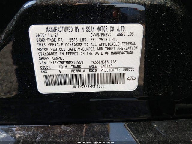 Aukcja sprzedaży 2022 Infiniti Q50 Luxe, vin: JN1EV7BP7NM311258, numer aukcji: 45926195