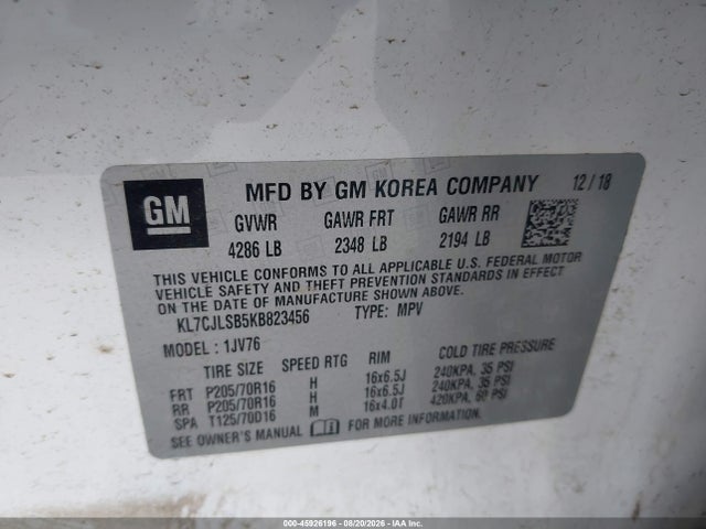Aukcja sprzedaży 2019 Chevrolet Trax Lt, vin: KL7CJLSB5KB823456, numer aukcji: 45926196