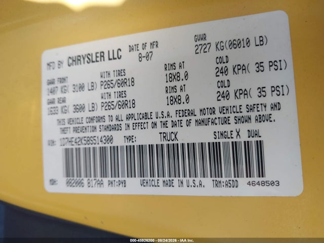 45926200 :رقم المزاد ، 1D7HE42K58S514300 vin ، 2008 Dodge Dakota Slt مزاد بيع
