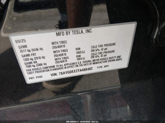 Продаж на аукціоні авто 2026 Tesla Model Y All-wheel Drive/long Range Launch Series/premium All-wheel Drive, vin: 7SAYGDEE2TA488402, номер лоту: 45926212