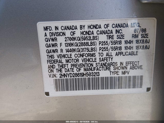 45926213 :رقم المزاد ، 2HNYD28619H503213 vin ، 2009 Acura Mdx Technology Package مزاد بيع