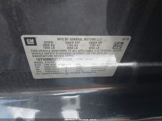 45926216 :رقم المزاد ، 1GTV2MEC2GZ109320 vin ، 2016 Gmc Sierra 1500 Sle مزاد بيع