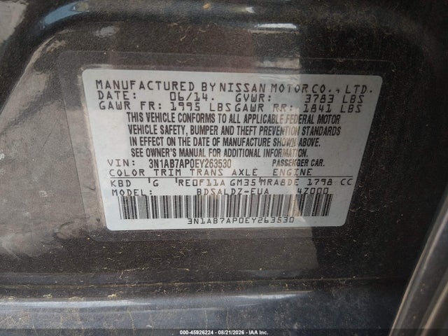 45926224 :رقم المزاد ، 3N1AB7AP0EY263530 vin ، 2014 Nissan Sentra Sv مزاد بيع
