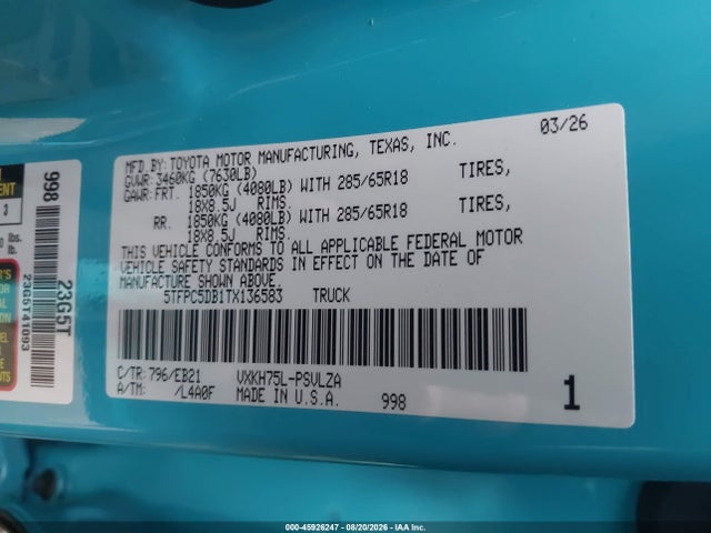 Продажа на аукционе авто 2026 Toyota Tundra Hybrid Trd Pro Hybrid Crewmax 5.5' Bed, vin: 5TFPC5DB1TX136583, номер лота: 45926247