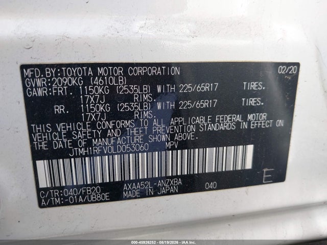Aukcja sprzedaży 2020 Toyota Rav4 Le, vin: JTMH1RFV0LD053060, numer aukcji: 45926252