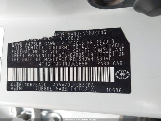 Продаж на аукціоні авто 2022 Toyota Camry Se, vin: 4T1G11AK1NU002658, номер лоту: 45926254