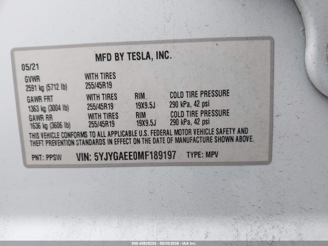 2021 Tesla Model Y Long Range Dual Motor All-wheel Drive მანქანა იყიდება აუქციონზე, vin: 5YJYGAEE0MF189197, აუქციონის ნომერი: 45926255