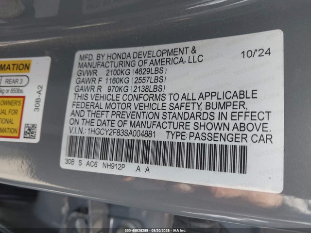 Aukcja sprzedaży 2025 Honda Accord Hybrid Touring, vin: 1HGCY2F83SA004881, numer aukcji: 45926259