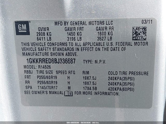 Продаж на аукціоні авто 2011 Gmc Acadia Slt-1, vin: 1GKKRRED8BJ336687, номер лоту: 45926265