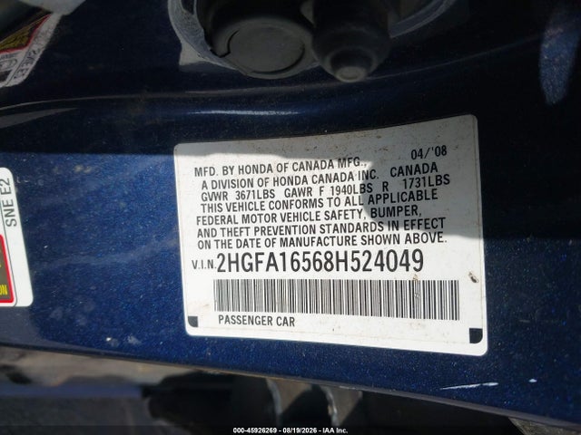 45926269 :رقم المزاد ، 2HGFA16568H524049 vin ، 2008 Honda Civic Lx مزاد بيع