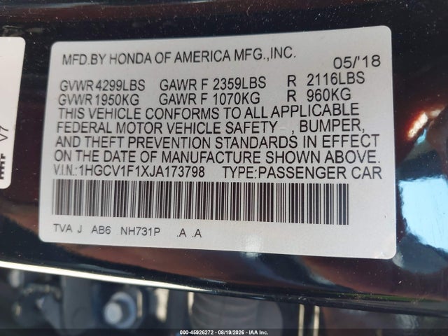Honda ACCORD LX 2018 1HGCV1F1XJA173798 Image 9