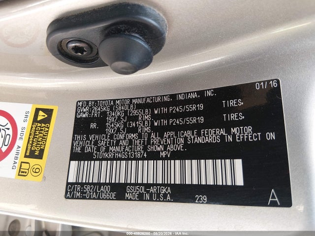 2016 Toyota Highlander Limited V6 მანქანა იყიდება აუქციონზე, vin: 5TDYKRFH4GS131874, აუქციონის ნომერი: 45926280