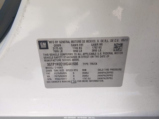 2017 Gmc Sierra 1500 Slt მანქანა იყიდება აუქციონზე, vin: 3GTP1NEC1HG441686, აუქციონის ნომერი: 45926288