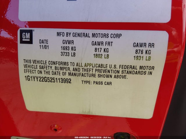 45926294 :رقم المزاد ، 1G1YY22G525113992 vin ، 2002 Chevrolet Corvette مزاد بيع