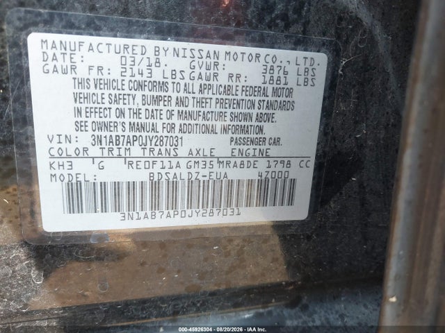 Продаж на аукціоні авто 2018 Nissan Sentra Sv, vin: 3N1AB7AP0JY287031, номер лоту: 45926304