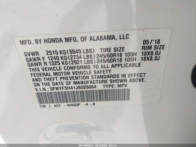 5FNYF5H41JB026664 Honda Pilot Ex