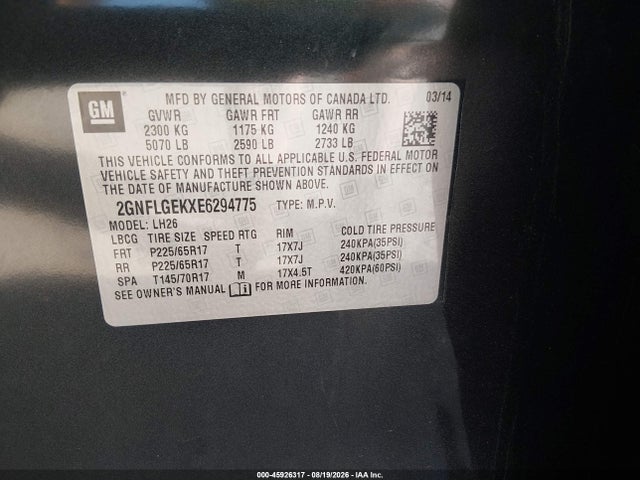 Chevrolet EQUINOX LT 2014 2GNFLGEKXE6294775 Image 9