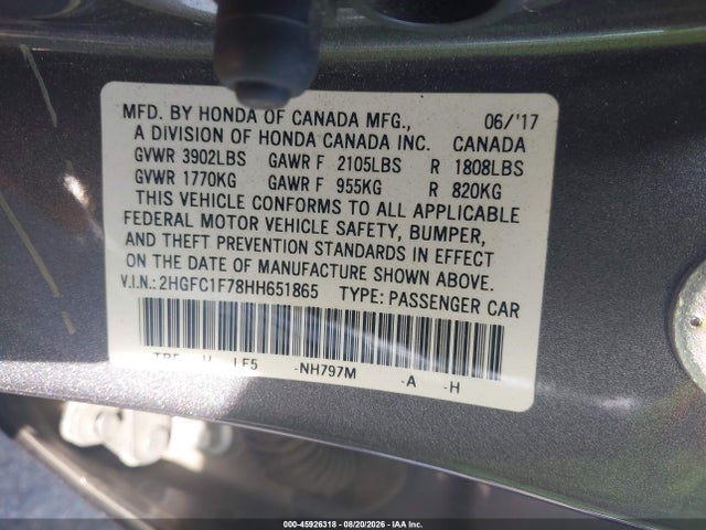 45926318 :رقم المزاد ، 2HGFC1F78HH651865 vin ، 2017 Honda Civic Ex-l مزاد بيع