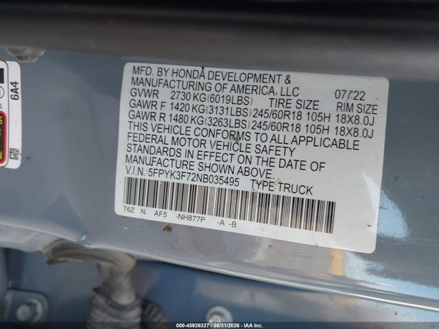 Продаж на аукціоні авто 2022 Honda Ridgeline Rtl-e, vin: 5FPYK3F72NB035495, номер лоту: 45926327
