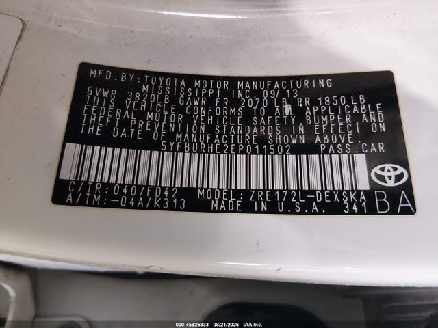 Aukcja sprzedaży 2014 Toyota Corolla S Plus, vin: 5YFBURHE2EP011502, numer aukcji: 45926333