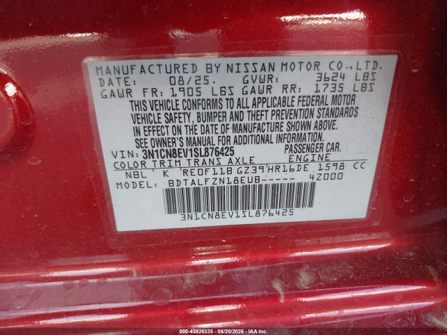 3N1CN8EV1SL876425 Nissan Versa 1.6 Sv