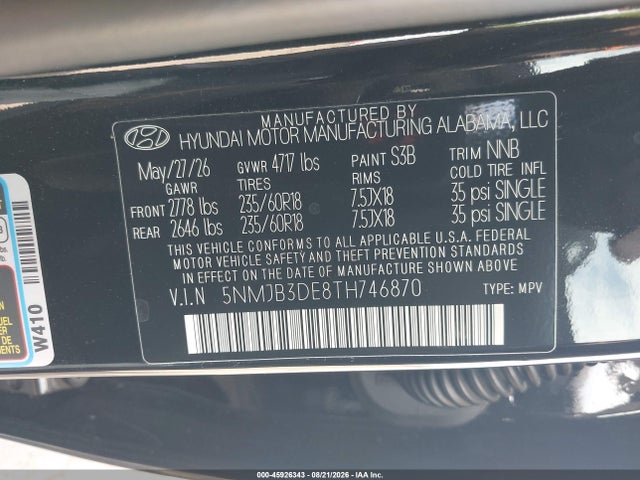 Продажа на аукционе авто 2026 Hyundai Tucson Sel, vin: 5NMJB3DE8TH746870, номер лота: 45926343