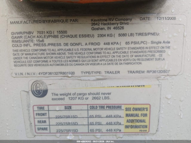 45926352 :رقم المزاد ، 4YDF361327R801920 vin ، 2007 Keystone Raptor 3612ds مزاد بيع