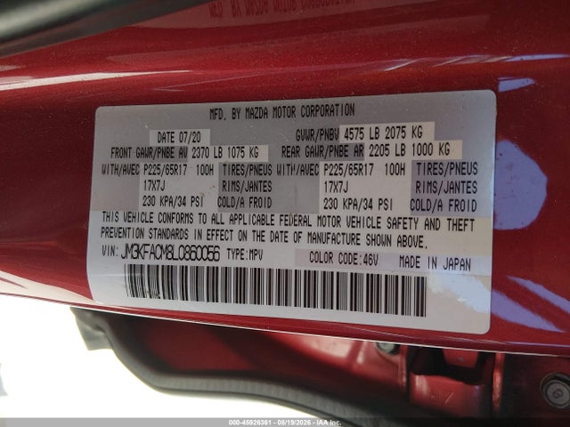 45926361 :رقم المزاد ، JM3KFACM8L0860056 vin ، 2020 Mazda Cx-5 Touring مزاد بيع