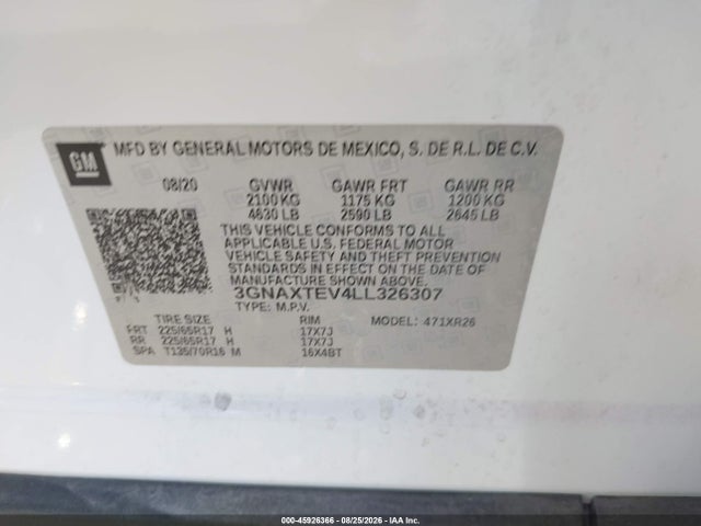 Auction sale of the 2020 Chevrolet Equinox Awd 2fl, vin: 3GNAXTEV4LL326307, lot number: 45926366