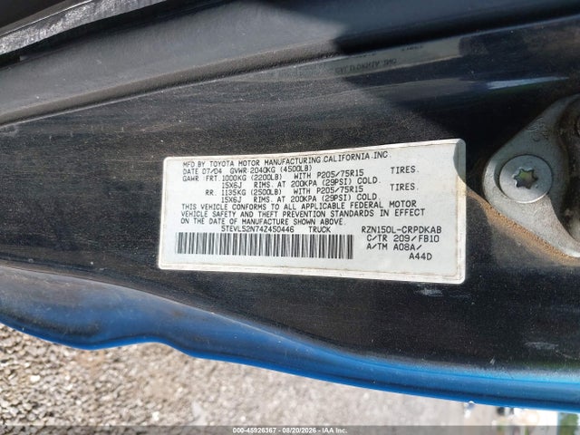 2004 Toyota Tacoma მანქანა იყიდება აუქციონზე, vin: 5TEVL52N74Z450446, აუქციონის ნომერი: 45926367