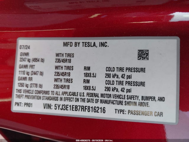 Продаж на аукціоні авто 2024 Tesla Model 3 Long Range Dual Motor All-wheel Drive, vin: 5YJ3E1EB7RF816216, номер лоту: 45926370