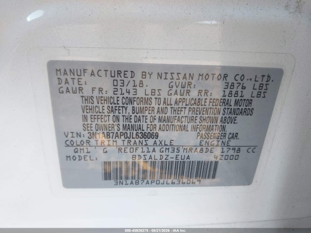 2018 Nissan Sentra Sv მანქანა იყიდება აუქციონზე, vin: 3N1AB7AP0JL636069, აუქციონის ნომერი: 45926375