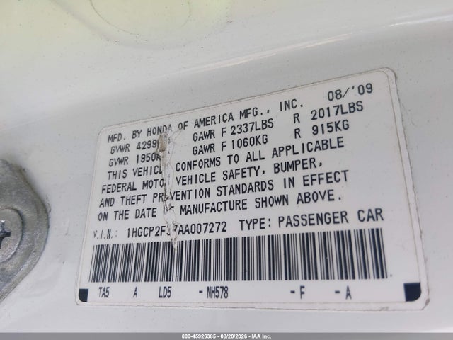 Продажа на аукционе авто 2010 Honda Accord 2.4 Lx, vin: 1HGCP2F37AA007272, номер лота: 45926385
