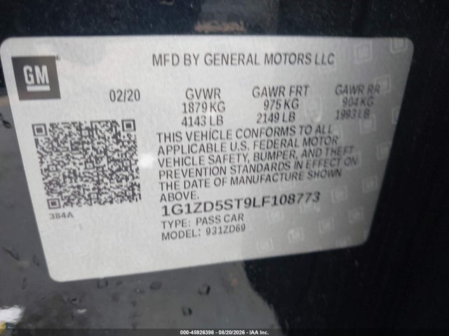 Aukcja sprzedaży 2020 Chevrolet Malibu Fwd Lt, vin: 1G1ZD5ST9LF108773, numer aukcji: 45926398