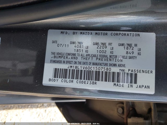 Aukcja sprzedaży 2012 Mazda Mazda3 S Touring, vin: JM1BL1V60C1507580, numer aukcji: 45926430