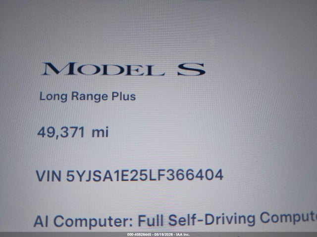 45926445 :رقم المزاد ، 5YJSA1E25LF366404 vin ، 2020 Tesla Model S Long Range Dual Motor All-wheel Drive/long Range Plus Dual Motor All-wheel Drive مزاد بيع