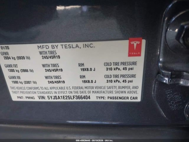 45926445 :رقم المزاد ، 5YJSA1E25LF366404 vin ، 2020 Tesla Model S Long Range Dual Motor All-wheel Drive/long Range Plus Dual Motor All-wheel Drive مزاد بيع