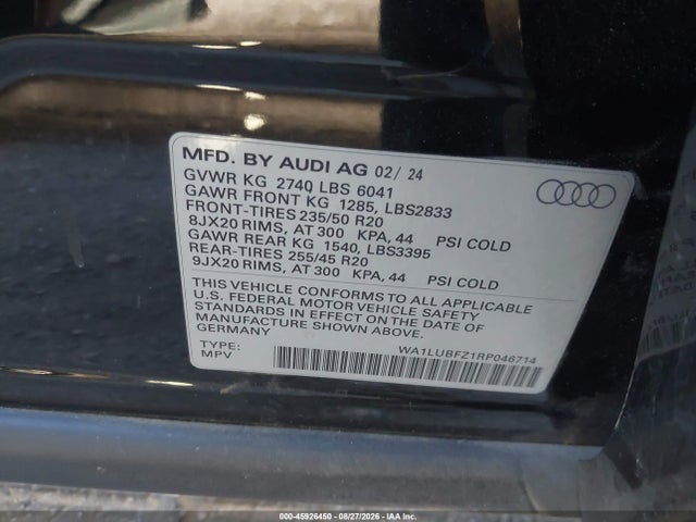 2024 Audi Q4 E-tron Premium Plus 55 Quattro მანქანა იყიდება აუქციონზე, vin: WA1LUBFZ1RP046714, აუქციონის ნომერი: 45926450