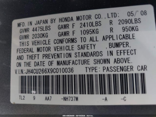 Продажа на аукционе авто 2009 Acura Tsx, vin: JH4CU266X9C010036, номер лота: 45926459