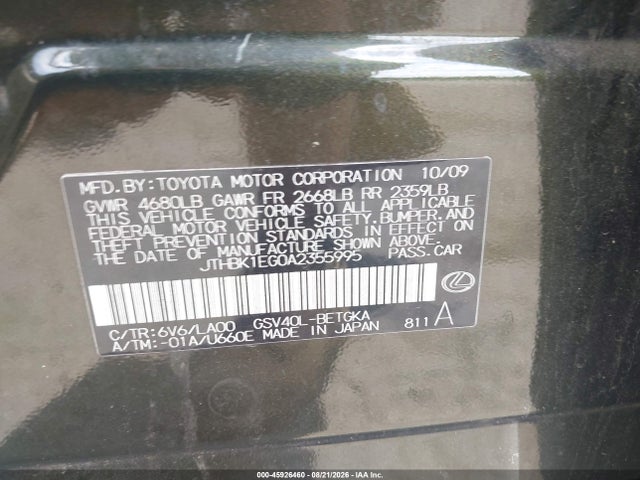 45926460 :رقم المزاد ، JTHBK1EG0A2355995 vin ، 2010 Lexus Es 350 مزاد بيع
