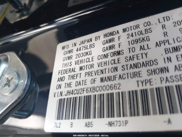 45926474 :رقم المزاد ، JH4CU2F6XBC000662 vin ، 2011 Acura Tsx 2.4 مزاد بيع