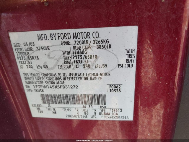 45926491 :رقم المزاد ، 1FTPW145X5FB31272 vin ، 2005 Ford F-150 Fx4/lariat/xlt مزاد بيع