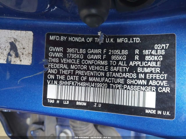 SHHFK7H49HU419920 Honda Civic Sport
