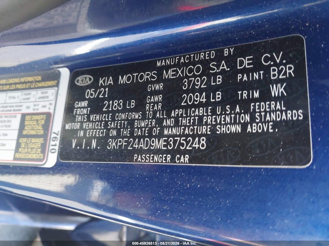 Aukcja sprzedaży 2021 Kia Forte Lxs, vin: 3KPF24AD9ME375248, numer aukcji: 45926513