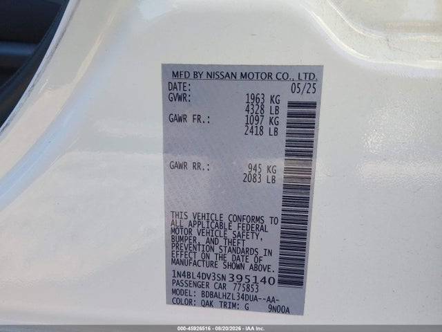 Продаж на аукціоні авто 2025 Nissan Altima Sv Fwd, vin: 1N4BL4DV3SN395140, номер лоту: 45926516