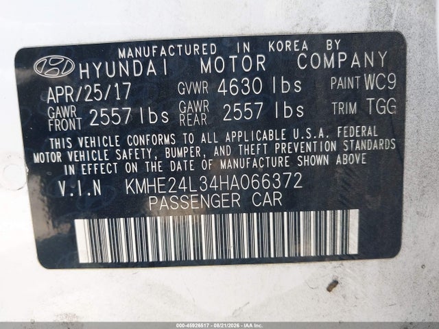 Продажа на аукционе авто 2017 Hyundai Sonata Hybrid Se, vin: KMHE24L34HA066372, номер лота: 45926517